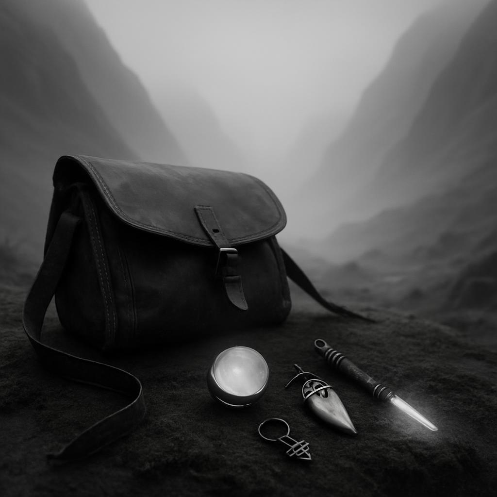 *A chipped leather satchel, lying open on the ground, appears to contain a; knife, flashlight, hook or worm, and other too...