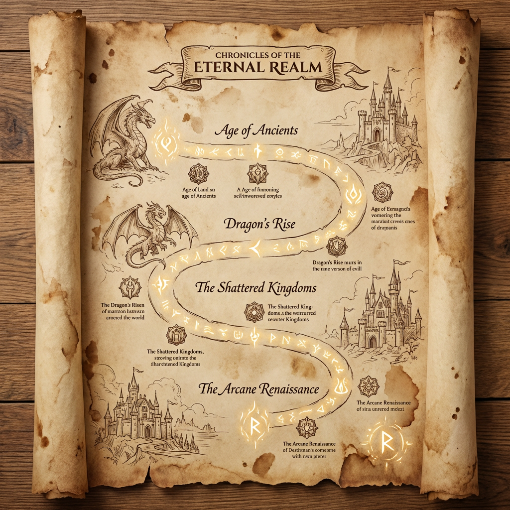 Fantasy scroll: CHRONICLES OF THE ETERNAL REALM, Age of Ancients, Dragon's Rise, Shattered Kingdoms, Arcane Renaissance.