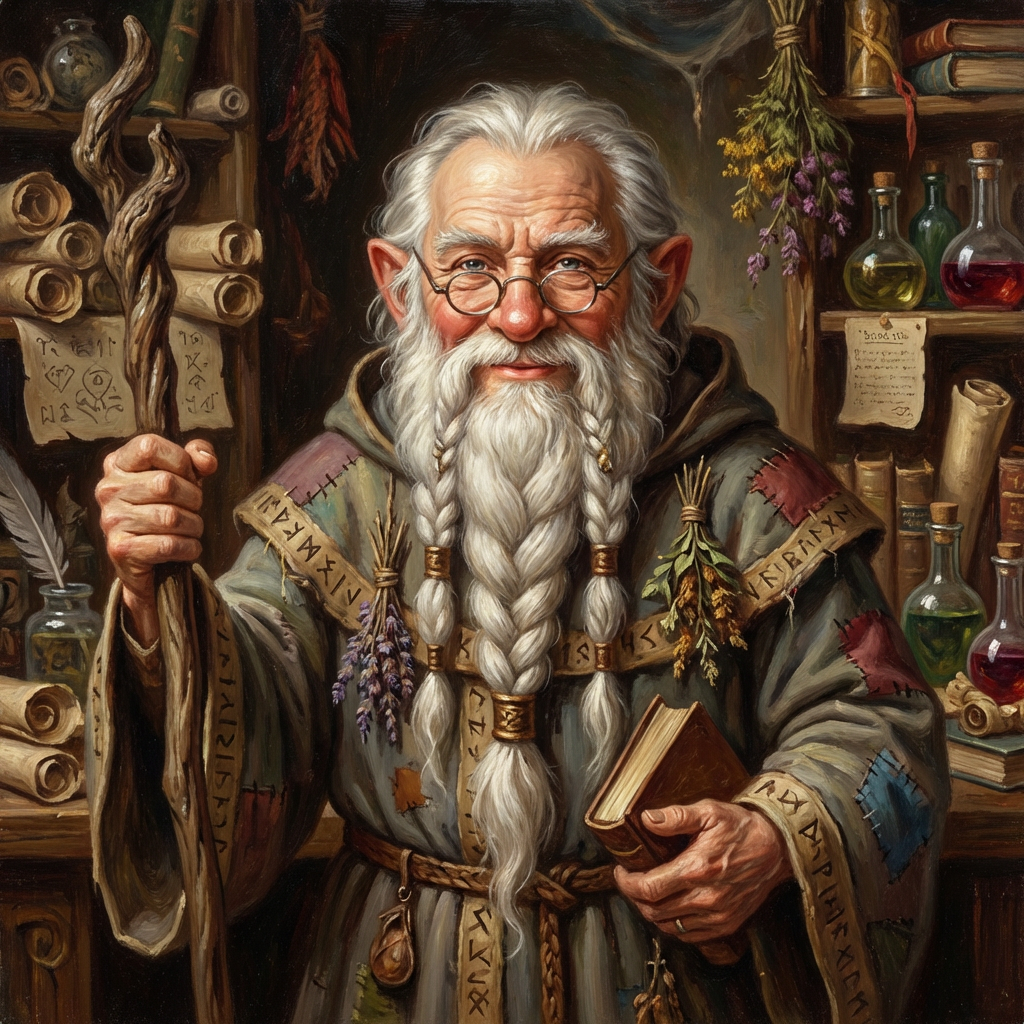 Elderly wizard with long braided white beard, holding a wooden staff and a book.